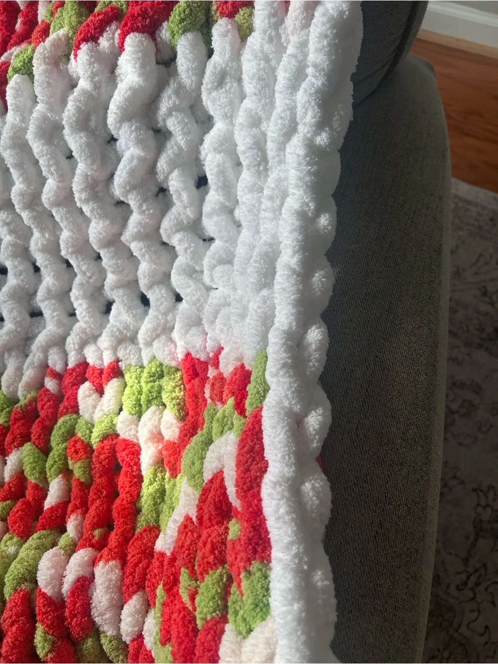 Chunky Crochet Throw Blanket in Red, Green & White ( Grinch Colors)